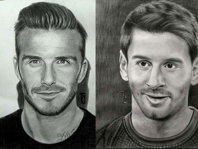 Tranh vẽ cầu thủ Beckham và Messi của Ngọc Thu