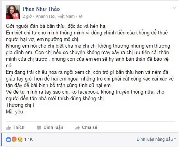 Phan Như Thảo:  Em đang trải chiếu hoa ra ngồi xem chị còn trò gì bẩn thỉu hơn 