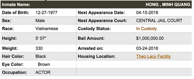  Thông tin về nghệ sĩ Minh Béo trên hệ thống nhà tù California. Ảnh chụp màn hình 