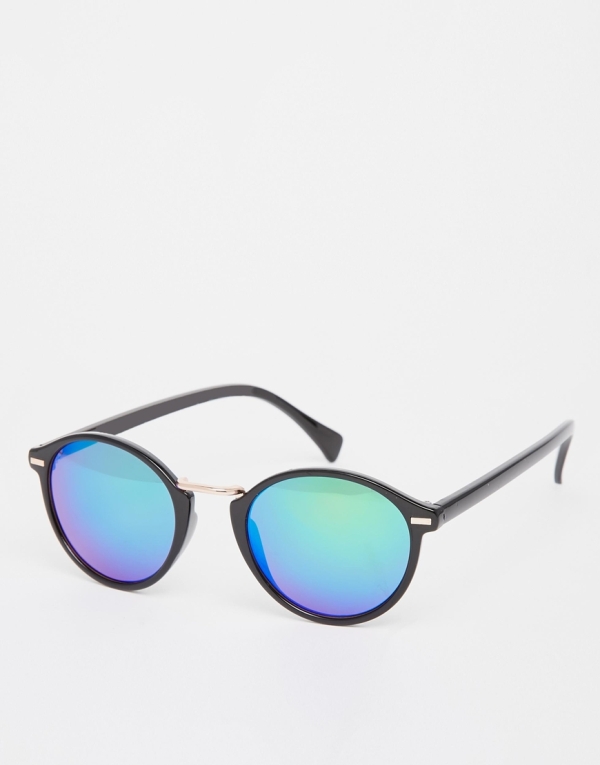 Image 1 of ASOS Fine Frame Round Sunglasses With Flash lens