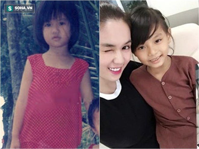 Ngọc Trinh hồi nhỏ (bên trái) và nhân vật Ngọc Trinh hồi nhỏ trên phim. Cả 2 cô bé đều có nét dễ thương, đáng yêu và khá xinh xăn. 