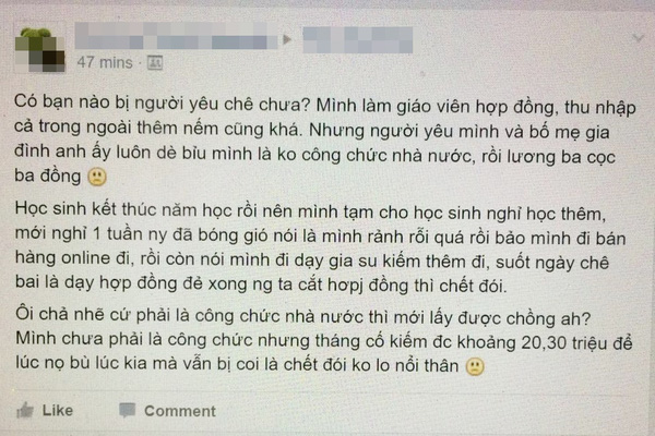 Giáo viên hợp đồng thu nhập tháng 30 triệu vẫn bị nhà người yêu chê bai, dè bỉu