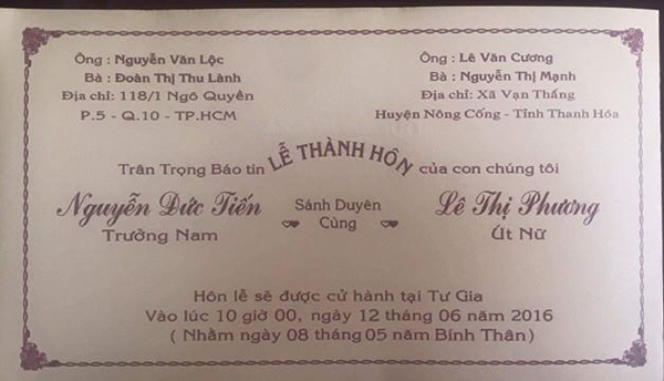 Lê Thị Phương cho biết mình là người sống đơn giản vì thế mọi thử tục dành cho đám cưới vợ chồng cô đều giao tất cả cho nhà hàng chuẩn bị,. Cặp đôi không cũng đưa ra những yêu cầu và đòi hỏi về kiểu dáng, màu sắc mà chỉ sử dụng mẫu thiệp mời do nhà hàng thiết kế.