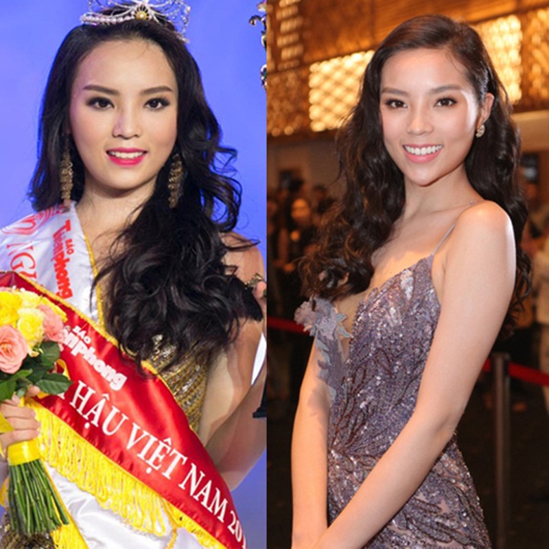 Hình ảnh Kỳ Duyên khi mới đăng quang Hoa hậu Việt Nam và thay đổi khi chiếc cằm có phần dài hơn.