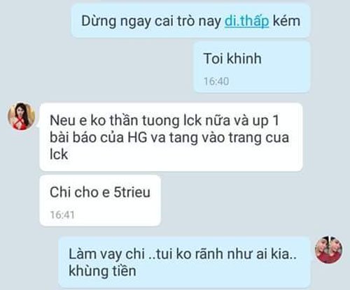 Hình ảnh tin nhắn trưởng FC Hương Giang hứa trả 5 triệu cho fan Lâm Chi Khanh nếu họ chịu từ bỏ thần tượng