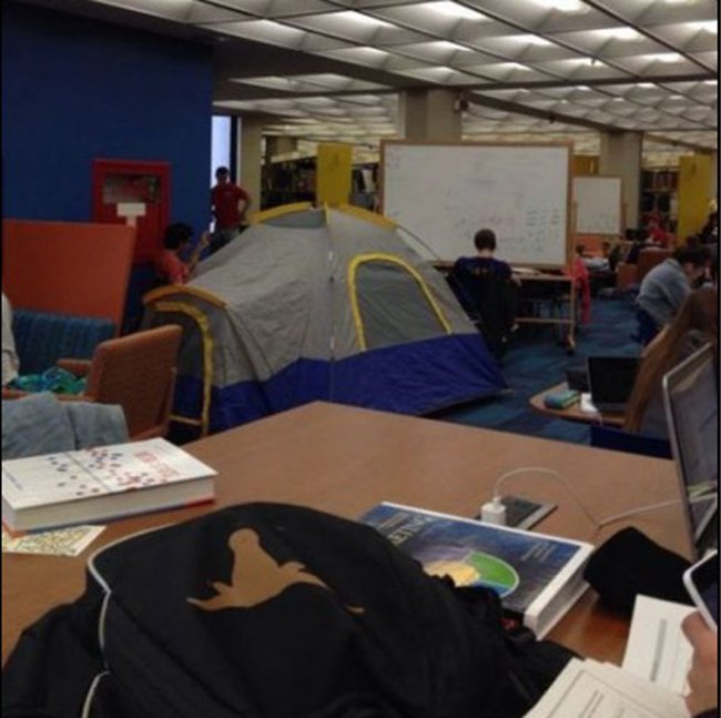 Mang cả lều vào cắm trại trong thư viện luôn.