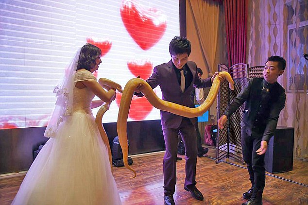  Cặp đôi Wu Jianfeng và Jiang Xue dùng trăn để thay nhẫn cưới. 