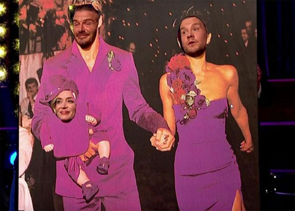 Becks cùng MC James Corden và người đẹp Emily Blunt hài hước hóa thân vào ảnh cưới.