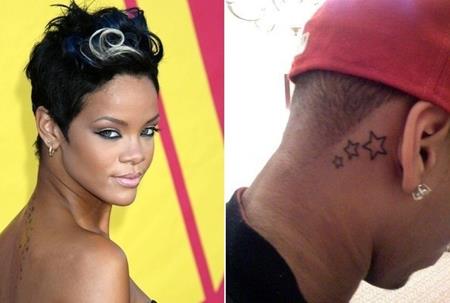 Trong giai đoạn còn đang yêu thương say đắm, Rihanna và Chris Brown đã có những hình xăm ngôi sao ăn ý với nhau. Trong khi Chris xăm ở phần sau tai thì Riri lại xăm hình những ngôi sao chạy dọc đốt sống cổ.