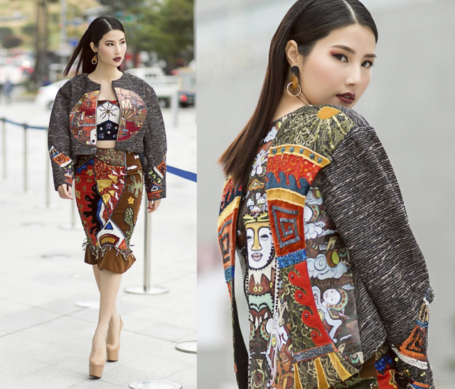 Diễm My 9x là một bất ngờ lớn tuần qua. Nữ diễn viên xuất hiện tại Seoul với vẻ ngoài theo phong cách gothic ấn tượng. Cô kết hợp các mảng họa tiết đan xen trên nền vải nâu-xám, dùng áo khoác form cứng lạ mắt.
