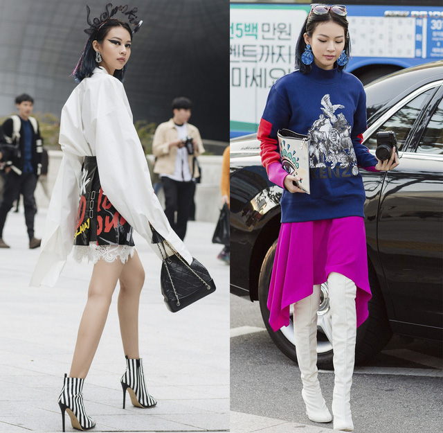 “Tắc kè hoa” Phí Phương Anh xứng đáng giữ ngôi đầu bảng bởi sự đầu tư, chăm chút cho hình ảnh của mình xuyên suốt thời gian làm việc tại Seoul Fashion Week. Chân dài chọn cách mix&match nhiều layer, kết hợp cùng lối trang điểm mắt cực kì ấn tượng.