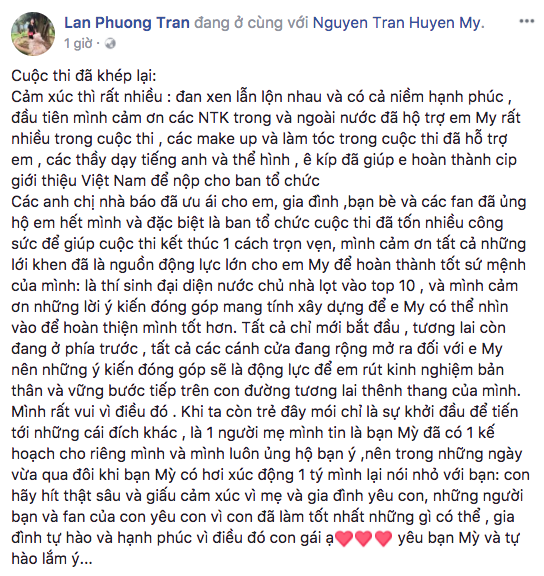 Mẹ Huyền My viết tâm thư gửi con gái và dư luận sau Miss Grand International 2017 - Ảnh 1.