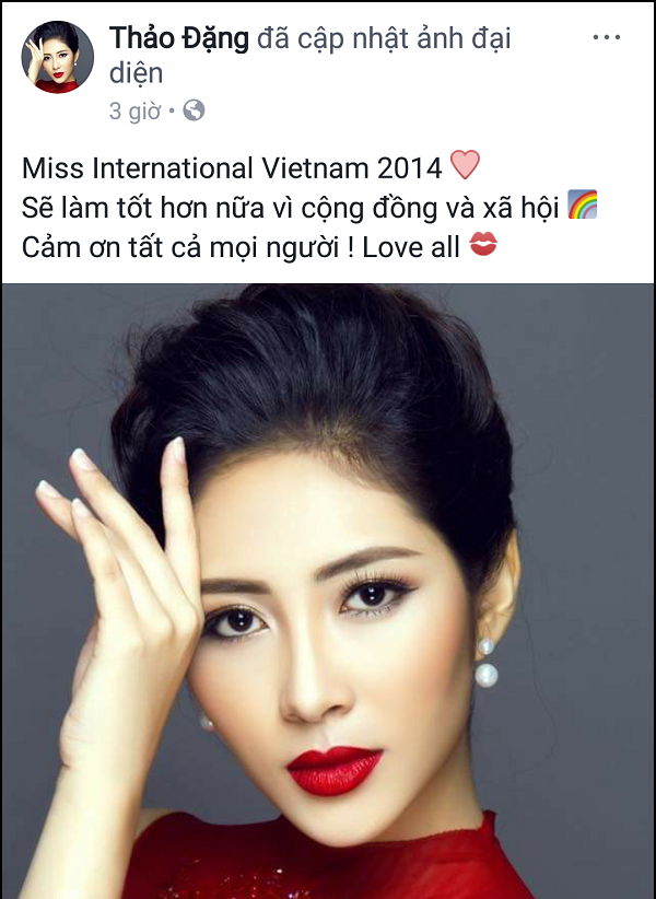 Chia sẻ của Hoa hậu Đại dương 2014 Đặng Thu Thảo trên trang cá nhân