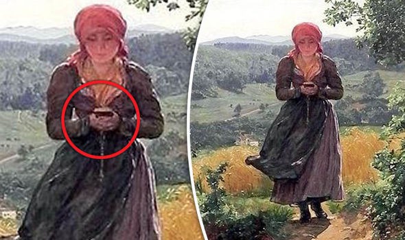 Bức tranh cô gái cầm trên tay thứ giống điện thoại thông minh.