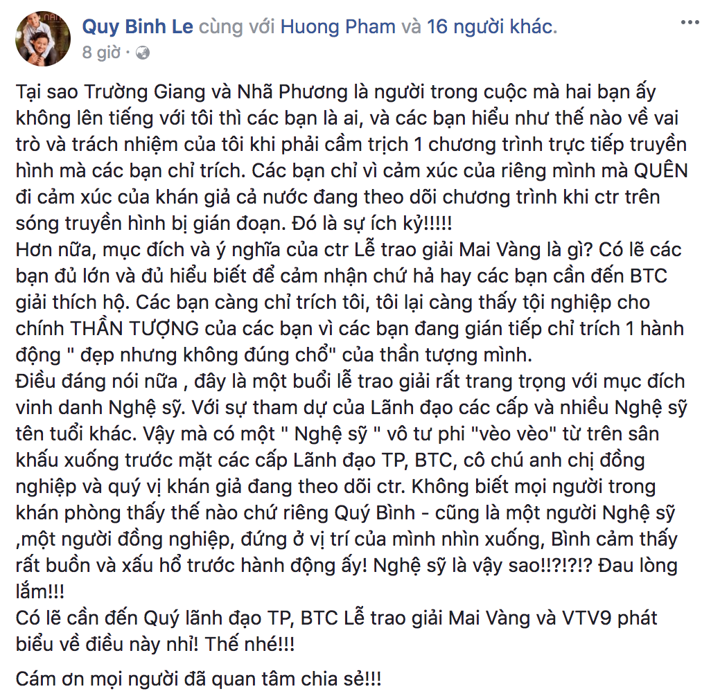 MC Quý Bình buồn và xấu hổ trước hành động cầu hôn bất ngờ của Trường Giang tại lễ trao giải Mai Vàng