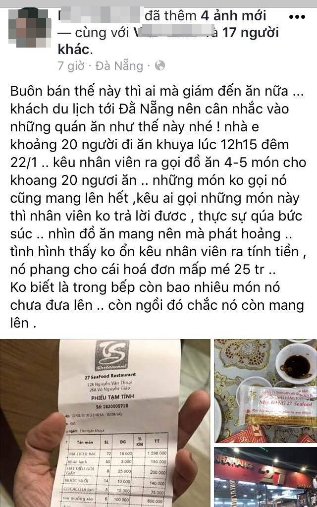 Ê kíp của ca sĩ Quang Lê tố bị chặt chém bữa ăn khuya gần 25 triệu đồng, nhà hàng ở Đà Nẵng nói gì? - Ảnh 1.
