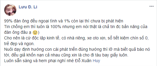 Lưu Đê Li lại  gây bão  với status bóng gió chuyện đàn ông ngoại tình, dạy chị em cách ứng phó khi bị cắm sừng