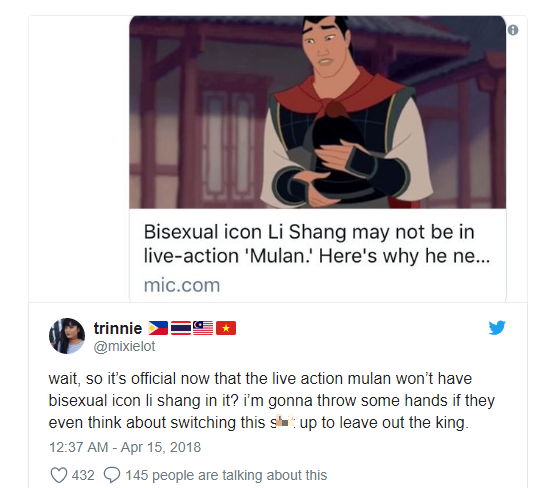 Fan Mộc Lan phẫn nộ vì Disney thay nhân vật song tính Li Shang bằng một anh trai thẳng - Ảnh 5.