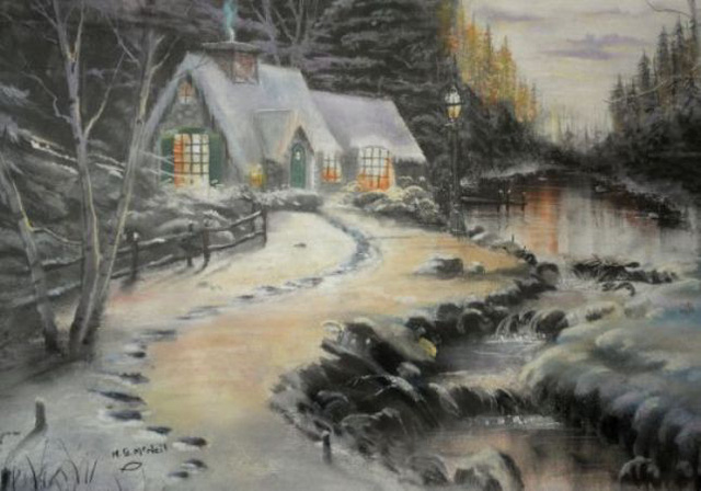 Một bức tranh vẽ cảnh mùa đông tuyết phủ của cụ bà 95 tuổi