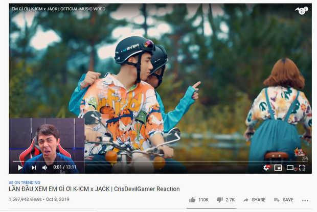 MV Em Gì Ơi của Jack & K-ICM vẫn lặn mất tăm nhưng clip reaction của Cris Phan sau 1 ngày đã Top 8 Trending luôn rồi! - Ảnh 1.