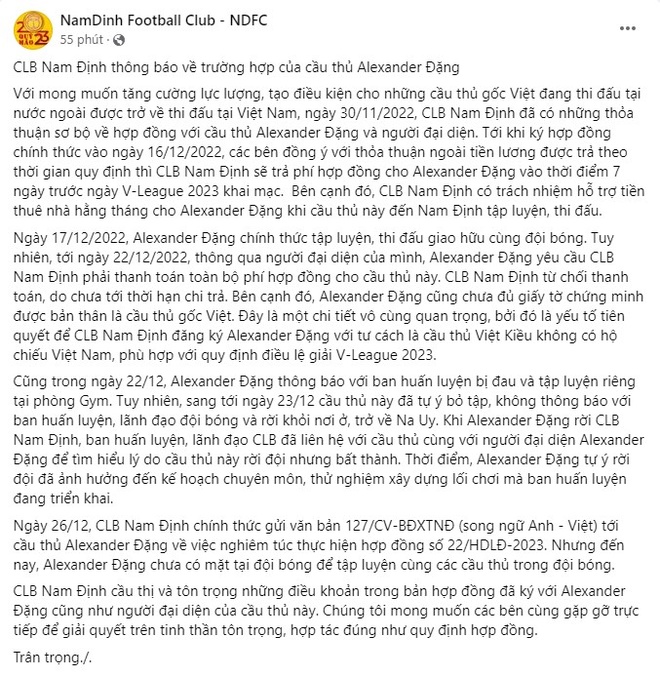 Tình tiết mới trong vụ Alexander Đặng tự ý rời CLB Nam Định
