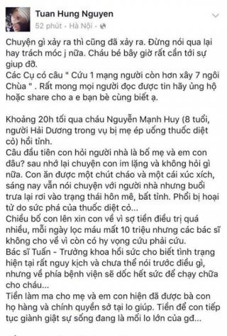 Tuấn Hưng quyên góp giúp bé bị mẹ ép uống thuốc sâu giật lại sự sống