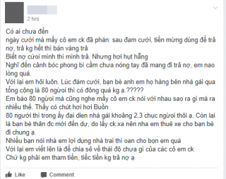 80 người thân và bạn bè sang ăn cỗ đám cưới bên nhà trai, cô dâu bị em chồng phũ phàng:  Tiền mừng để trả nợ 