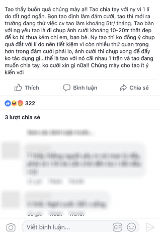 Bị người yêu chia tay vì lương tháng 5 triệu mà đòi chụp ảnh cưới 20 triệu, cô nàng lên mạng than thở nhưng nhận cái kết đắng