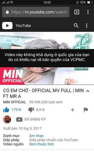 Sốc: 3 MV đình đám của Min đồng loạt bị gỡ khỏi Youtube vì lí do bản quyền