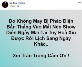 Vũ Duy Khánh bị pháo sáng bắn thẳng vào mắt khi đang biểu diễn, phải thông báo hủy show đột ngột khiến fan không ngừng lo lắng